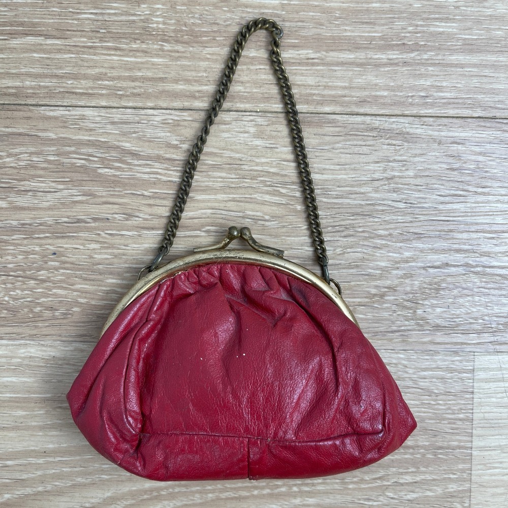 Vintage Red Leather Kiss Lock Purse Gingham Lining with Mini Coin Pouch Chain